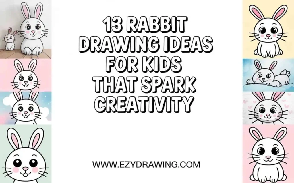 Pinterest image showing cute rabbit drawing ideas for kids with simple bunny sketches, bold title text, and ezydrawing.com!