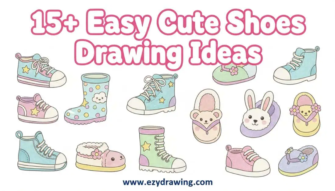 Pinterest cover showing 15+ easy cute shoes drawing ideas with cartoon shoes, boots, slippers and ezydrawing.com branding art