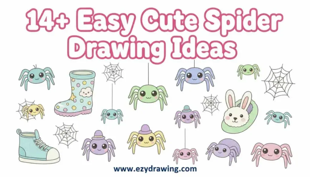 Pinterest cover showing 14+ easy cute spider drawing ideas with friendly cartoon spiders webs and ezydrawing.com branding ui