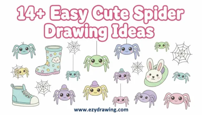 Pinterest cover showing 14+ easy cute spider drawing ideas with friendly cartoon spiders webs and ezydrawing.com branding ui