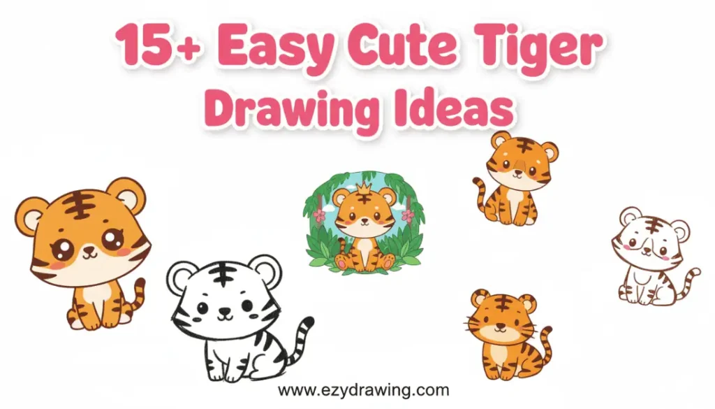 Pinterest cover showing 15+ easy cute tiger drawing ideas with kawaii tiger sketches and ezydrawing.com branding