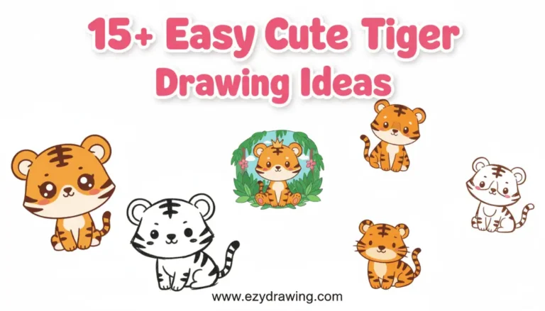 Pinterest cover showing 15+ easy cute tiger drawing ideas with kawaii tiger sketches and ezydrawing.com branding