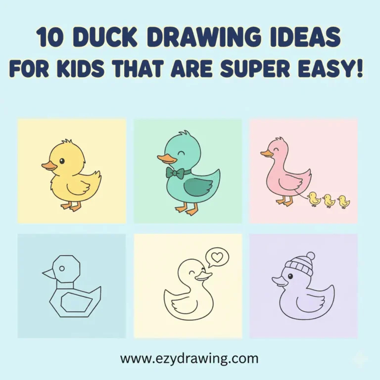 Pinterest-style poster showing six cute duck drawing ideas for kids with bold title on top and www.ezydrawing.com at bottom.!