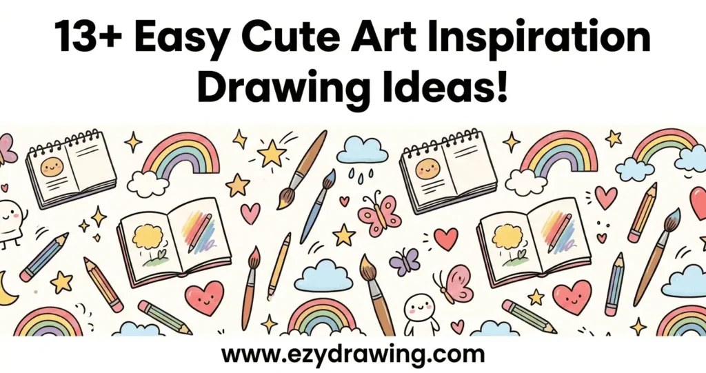 13+ Easy Cute Art Inspiration Drawing Ideas banner with doodle art supplies and www.ezydrawing.com branding