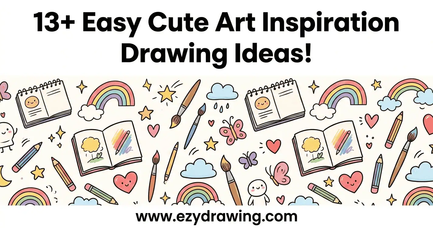 13+ Easy Cute Art Inspiration Drawing Ideas banner with doodle art supplies and www.ezydrawing.com branding