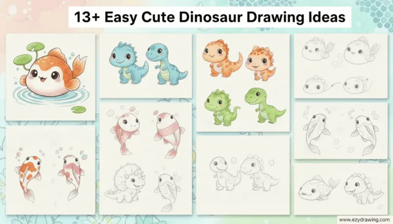 Easy cute dinosaur drawing ideas for kids showing colorful baby dinos and step by step sketches on soft background art