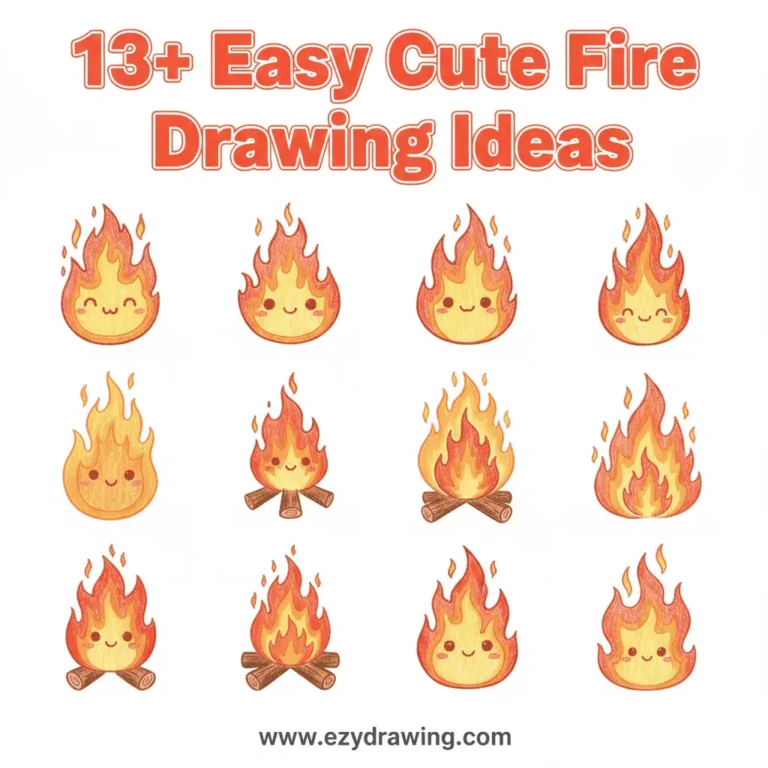 13+ easy cute fire drawing ideas with kawaii flames and campfire sketches, www.ezydrawing.com title at top