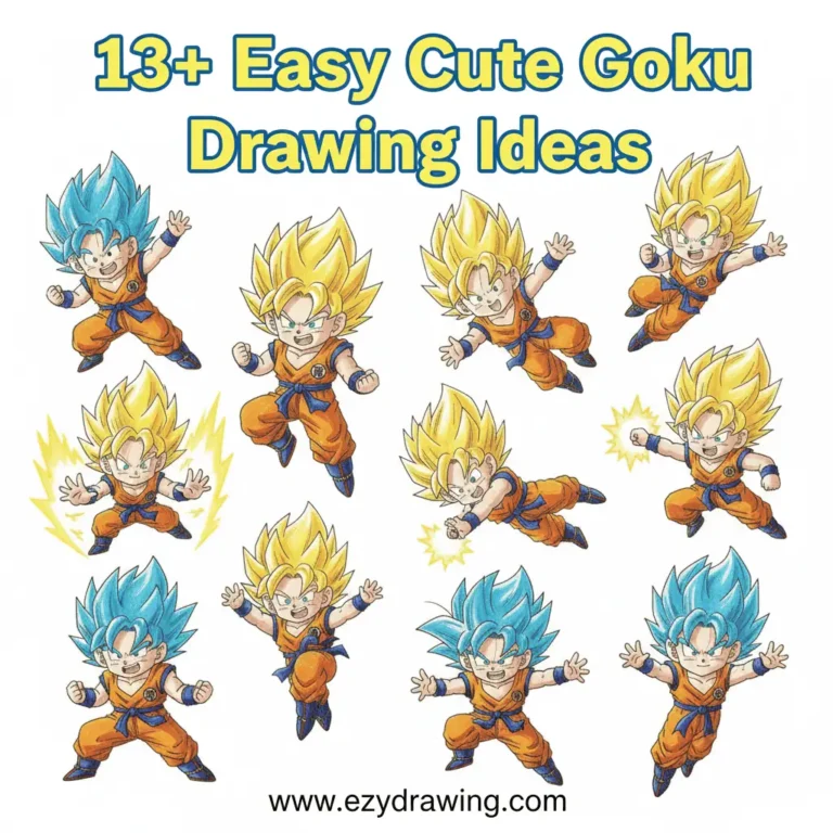 13+ easy cute Goku drawing ideas with chibi Super Saiyan poses, colorful anime style, ezydrawing.com title displayed