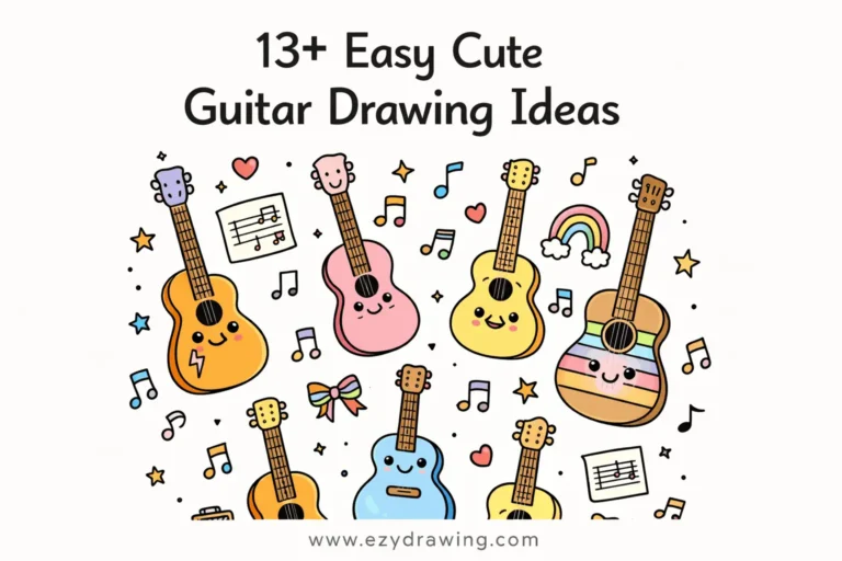 Colorful cute guitar doodles with bold text 13+ Easy Cute Guitar Drawing Ideas and www.ezydrawing.com at bottom