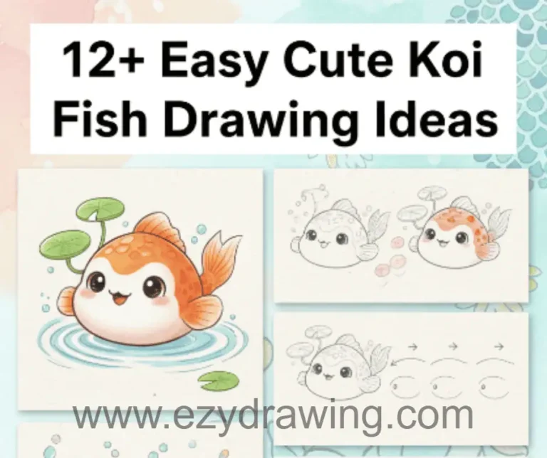 Cute koi fish drawing ideas collage showing easy step by step koi sketches for kids with simple shapes and ezydrawing site