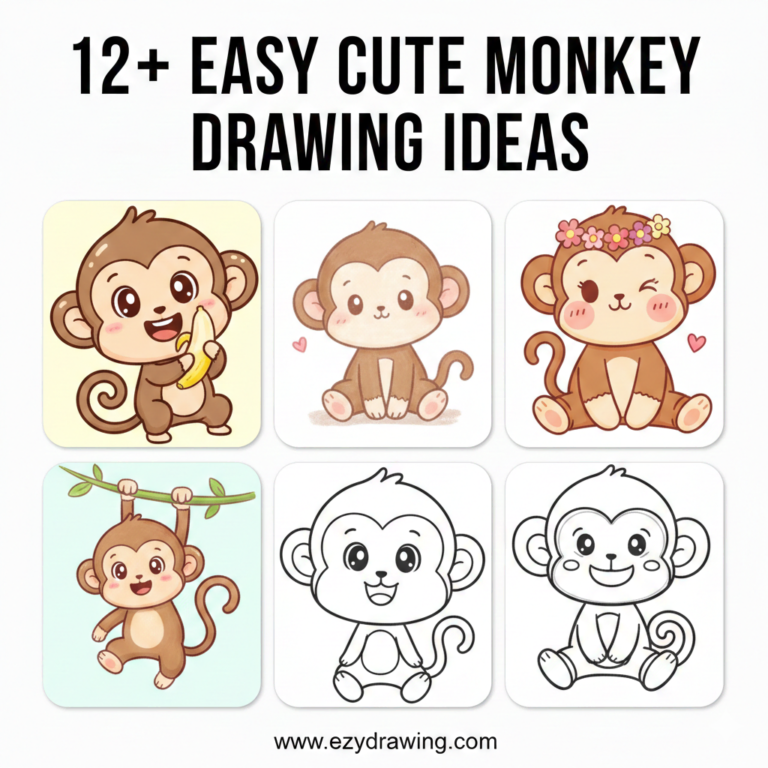 Cute easy monkey drawing ideas with baby monkeys, banana pose, vine swing, and simple step by step sketch outlines