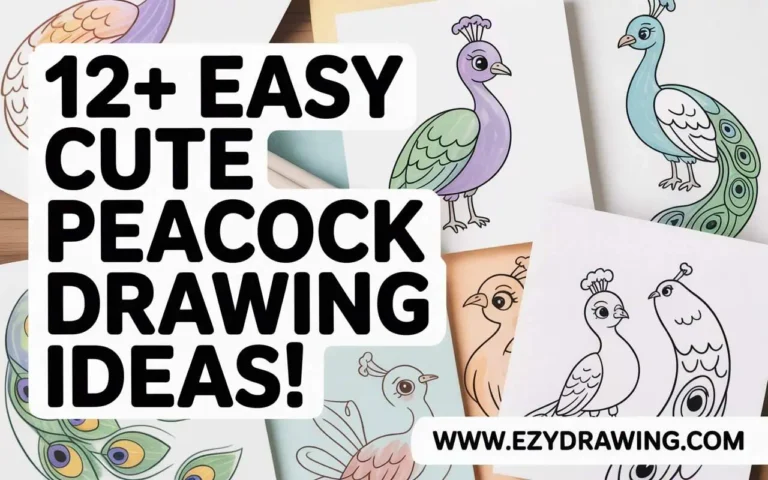 Cute peacock drawing ideas collage showing simple colorful peacock sketches for kids with easy outlines and ezydrawing brand.