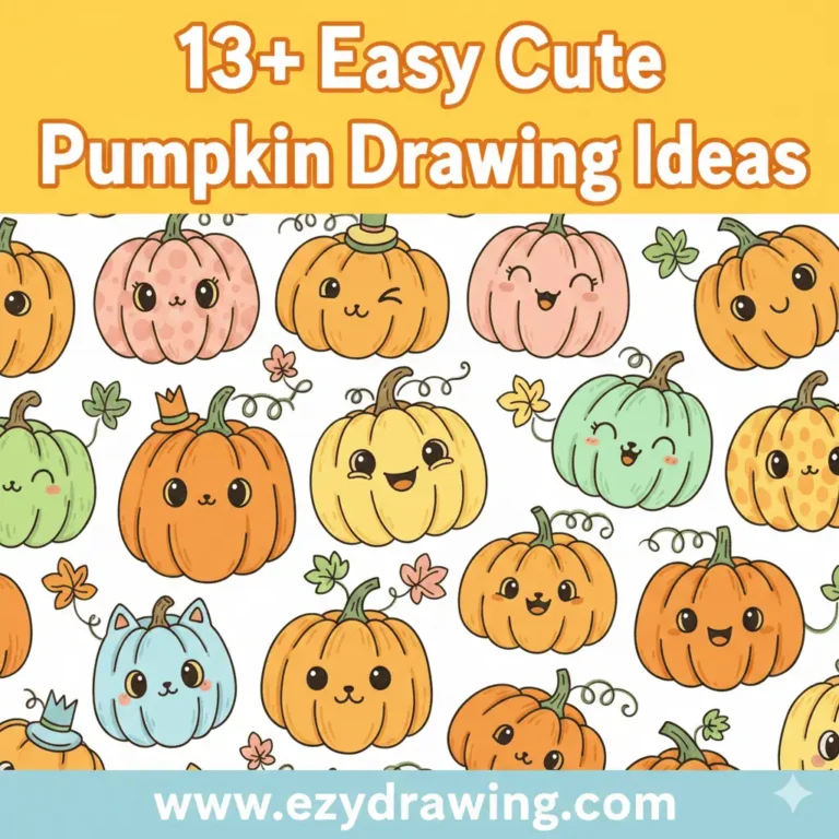 Colorful cute pumpkin drawing ideas with smiling kawaii faces and www.ezydrawing.com text on bright yellow background