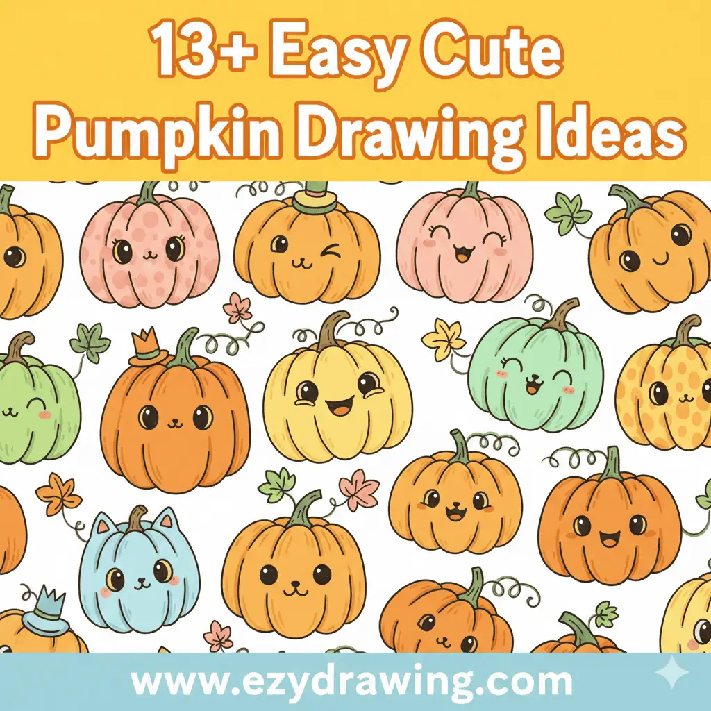 Colorful cute pumpkin drawing ideas with smiling kawaii faces and www.ezydrawing.com text on bright yellow background