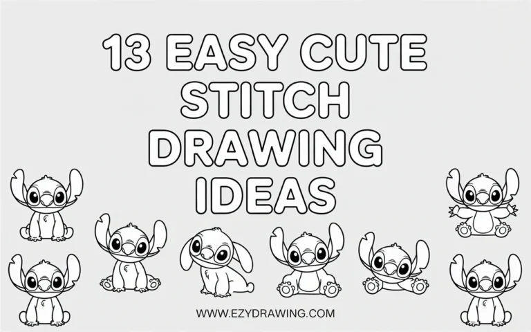 Black and white poster with 13 easy cute Stitch drawing ideas in simple coloring book outline style for kids