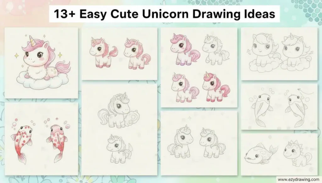 Easy cute unicorn drawing ideas for kids showing baby unicorns step by step sketches with pastel colors on white background