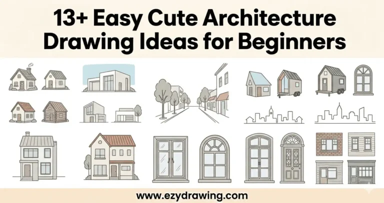 Easy cute architecture drawing ideas for beginners showing simple houses, buildings, windows, and city sketches in clean line style