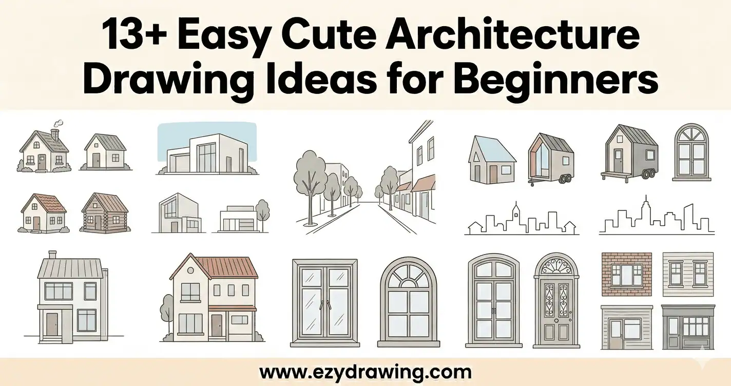 Easy cute architecture drawing ideas for beginners showing simple houses, buildings, windows, and city sketches in clean line style