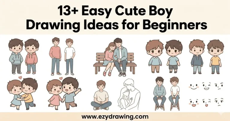 Easy cute boy drawing ideas for beginners showing simple character poses, outfits, expressions, and cartoon style sketches
