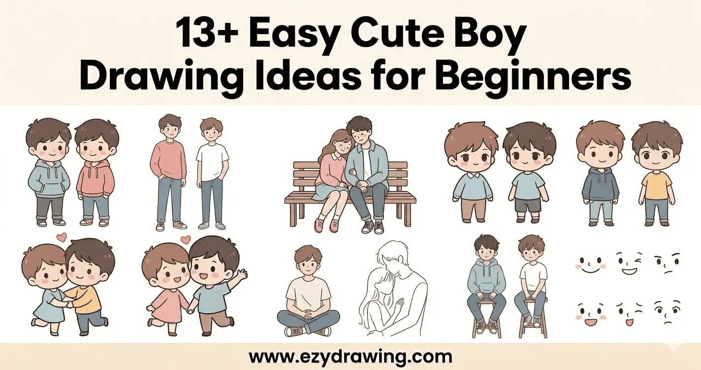 Easy cute boy drawing ideas for beginners showing simple character poses, outfits, expressions, and cartoon style sketches