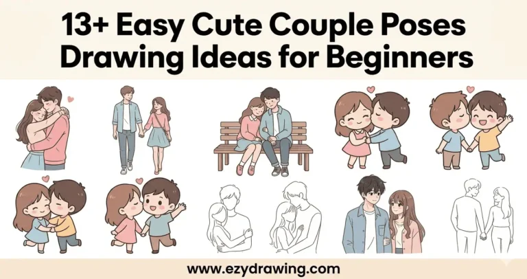 Cute couple poses drawing ideas for beginners showing simple romantic sketches, holding hands, hugs, and easy character poses