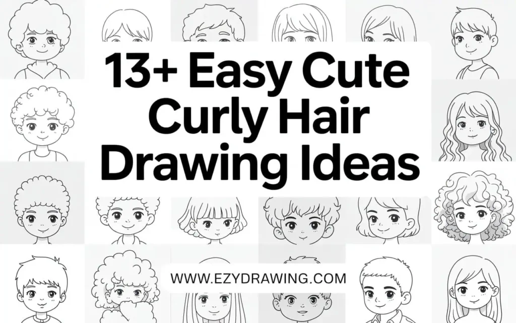 Pinterest pin with 13+ Easy Cute Curly Hair Drawing Ideas title and curly hair sketch collage, www.ezydrawing.com