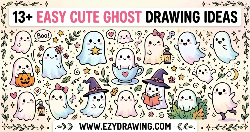 13+ cute ghost drawing ideas banner with kawaii ghosts, pumpkin, hats and doodles for easy beginner sketching