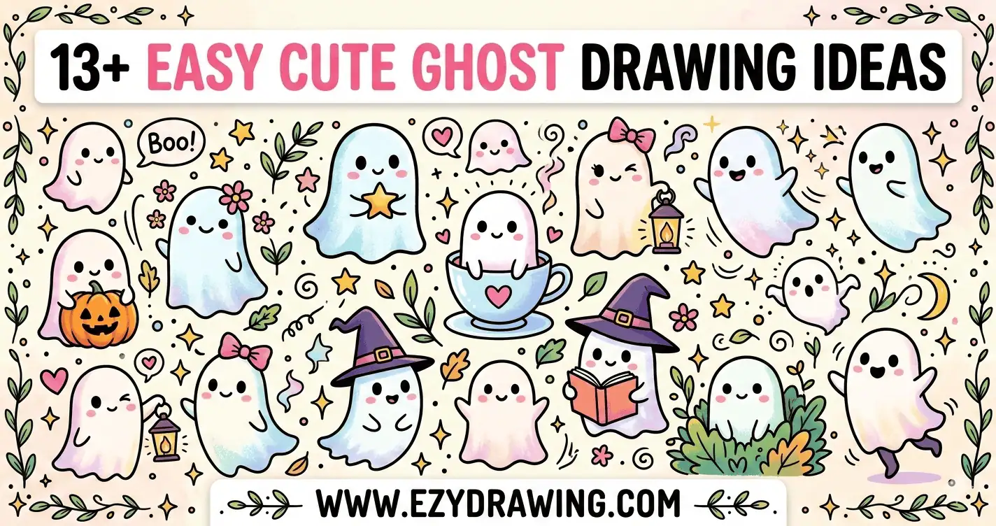 13+ cute ghost drawing ideas banner with kawaii ghosts, pumpkin, hats and doodles for easy beginner sketching