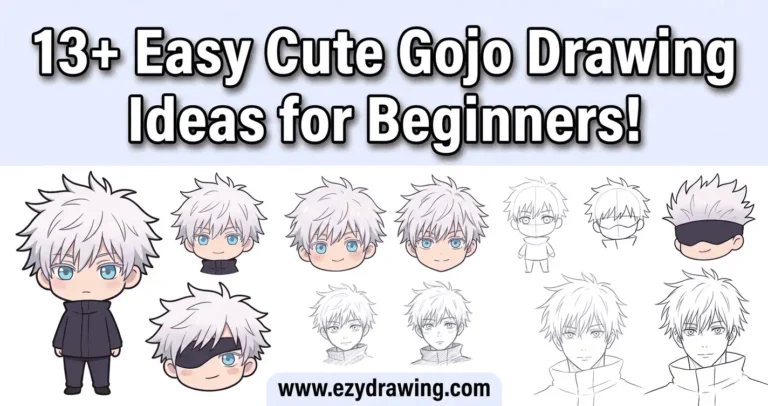 Collage of cute Gojo drawing ideas showing chibi faces, blindfold styles and step sketches for beginners from ezydrawing.com!
