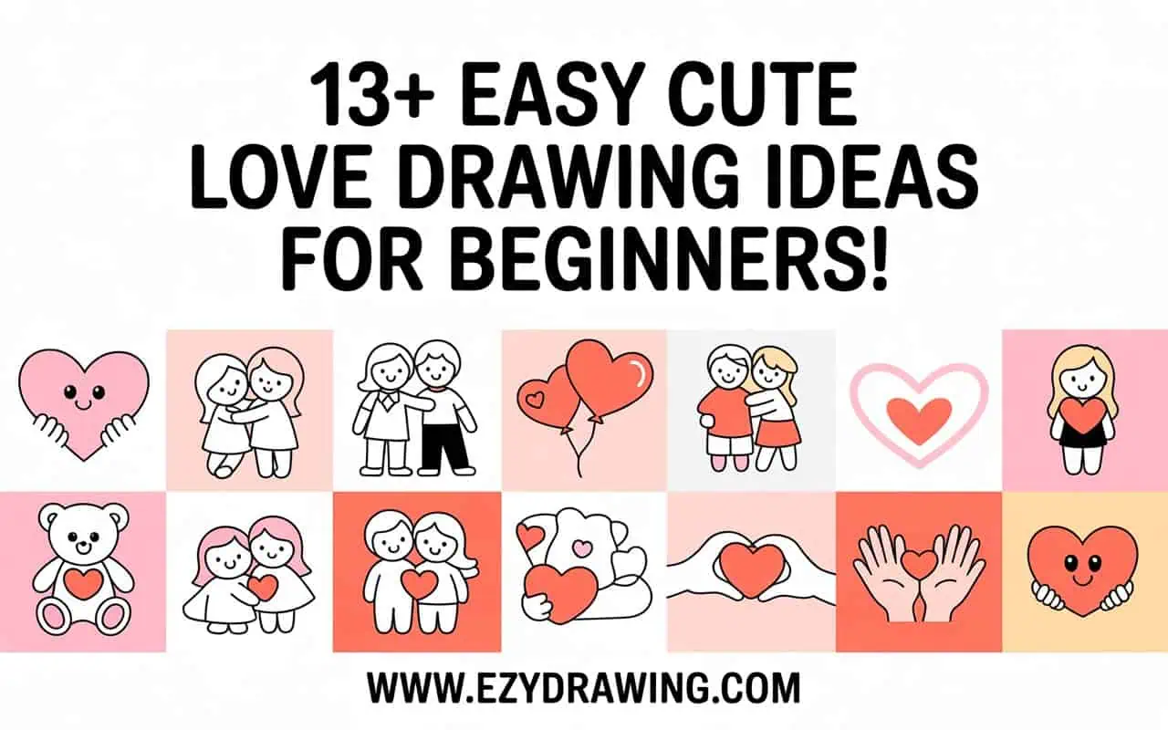 Pinterest pin showing 13+ easy cute love drawing ideas for beginners with hearts, couples, teddy bear and simple doodles web