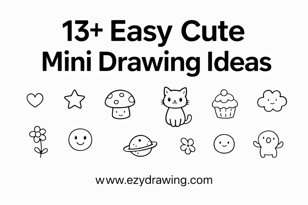 Feature image with 13+ Easy Cute Mini Drawing Ideas title and small doodle sketches, www.ezydrawing.com