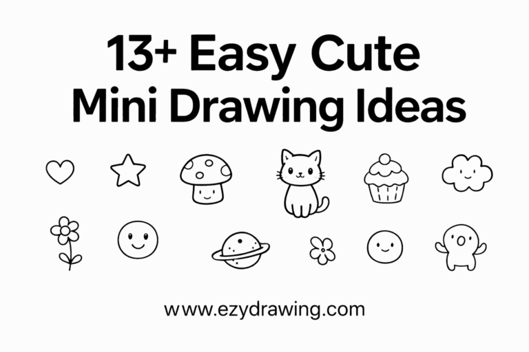 Feature image with 13+ Easy Cute Mini Drawing Ideas title and small doodle sketches, www.ezydrawing.com