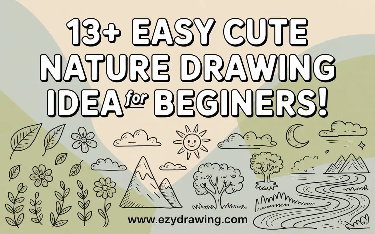 Poster showing easy nature drawing ideas with simple doodles of leaves, flowers, sun and mountains for beginners