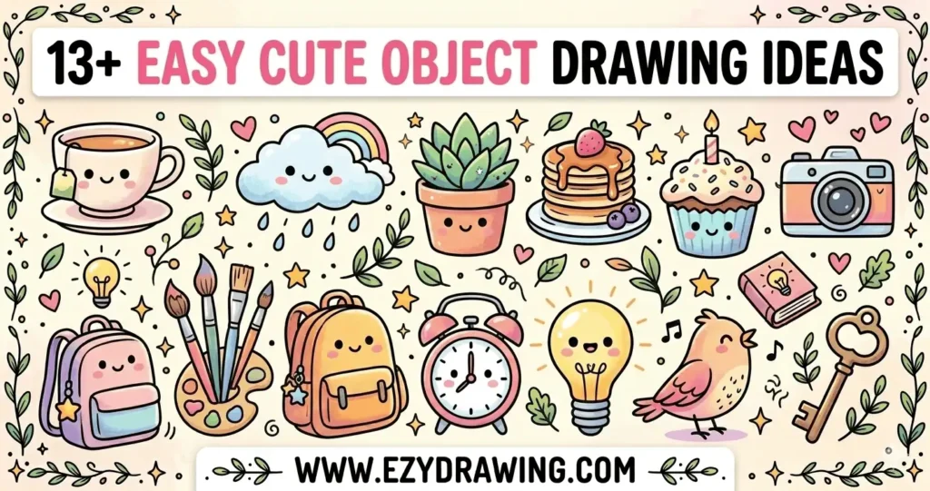 13+ easy cute object drawing ideas with kawaii everyday items like cup, plant, camera, cupcake, backpack and clock doodles