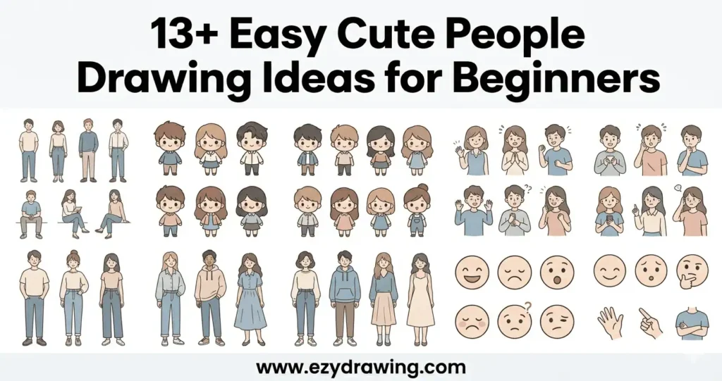 Easy cute people drawing ideas for beginners showing simple characters, poses, expressions, and everyday outfits in clean style