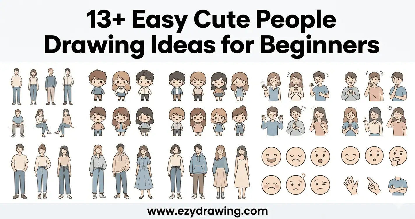 Easy cute people drawing ideas for beginners showing simple characters, poses, expressions, and everyday outfits in clean style