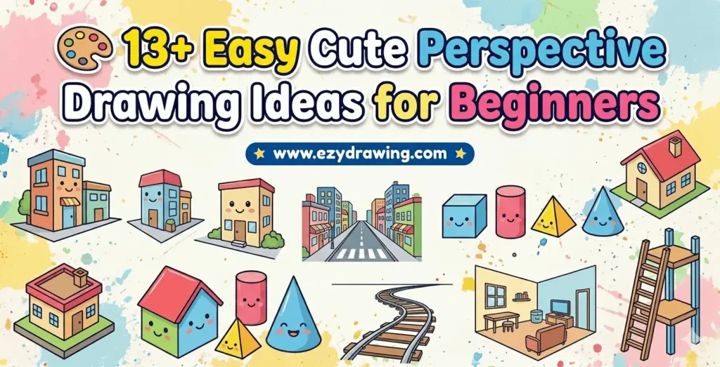13+ easy cute perspective drawing ideas for beginners with buildings, road view, shapes, railway track and simple room scenes.