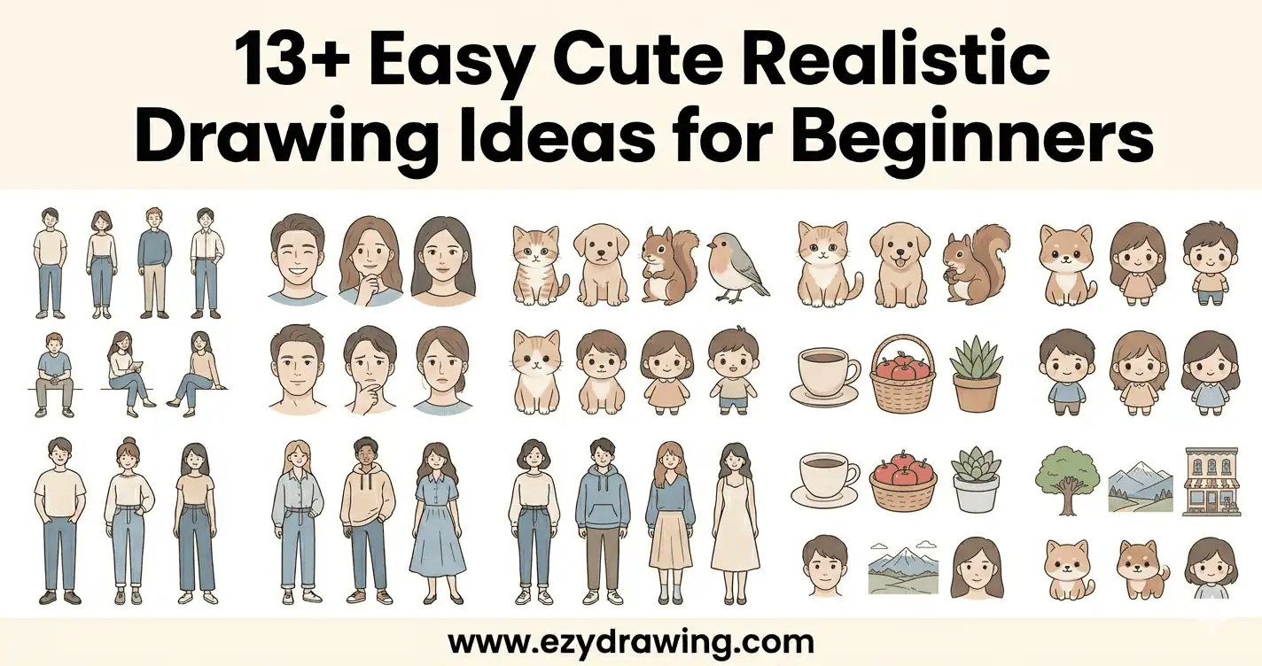 Easy cute realistic drawing ideas for beginners showing people, animals, objects, and nature sketches in simple clean style