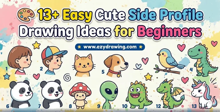 13+ easy cute side profile drawing ideas for beginners with cartoon faces, animals, dinosaur, unicorn and simple characters.