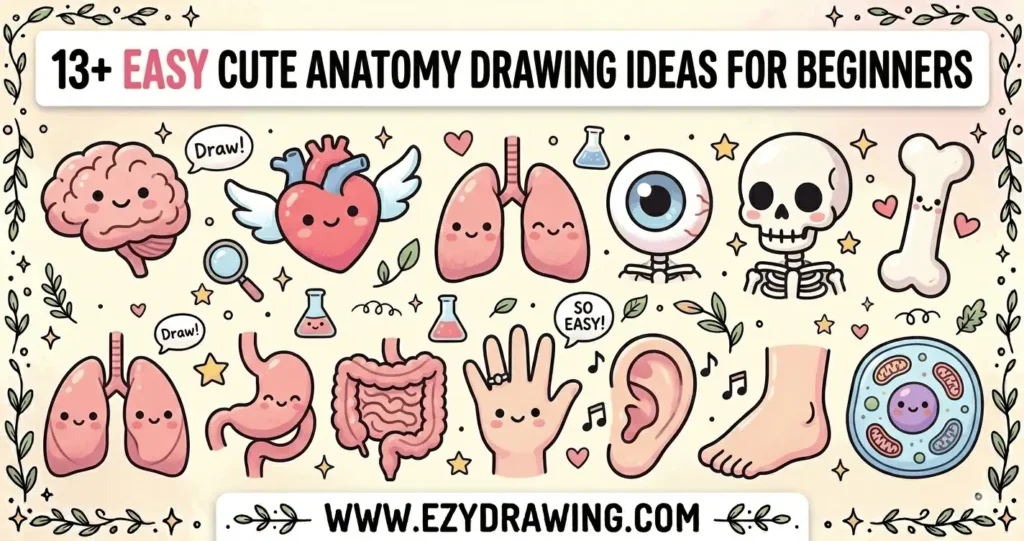 13+ easy cute anatomy drawing ideas for beginners showing brain, heart, lungs, skeleton, bones and organs in kawaii style