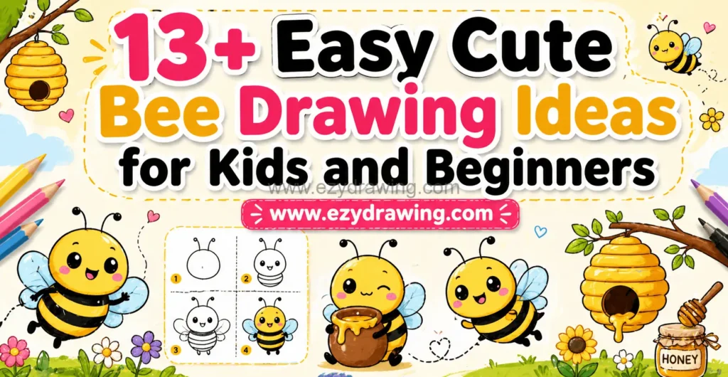 Cute bee drawing ideas for kids and beginners with honey bees, beehives, flowers, and easy step-by-step art.