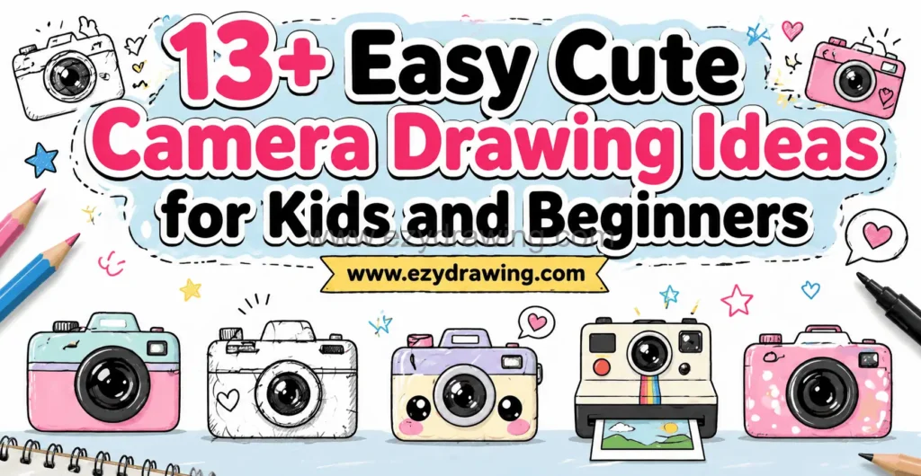 Cute camera drawing ideas banner for kids and beginners with kawaii cartoon cameras and colorful doodles on white background