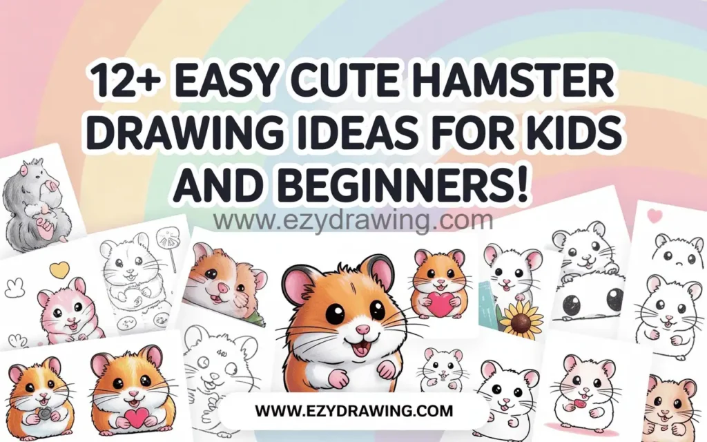 12+ cute hamster drawing ideas collage with colorful background and easy sketches for kids and beginners on ezydrawing.com