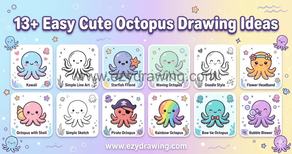 Cute octopus drawing ideas grid with kawaii, pirate, rainbow, and simple sketch styles for easy beginner doodles
