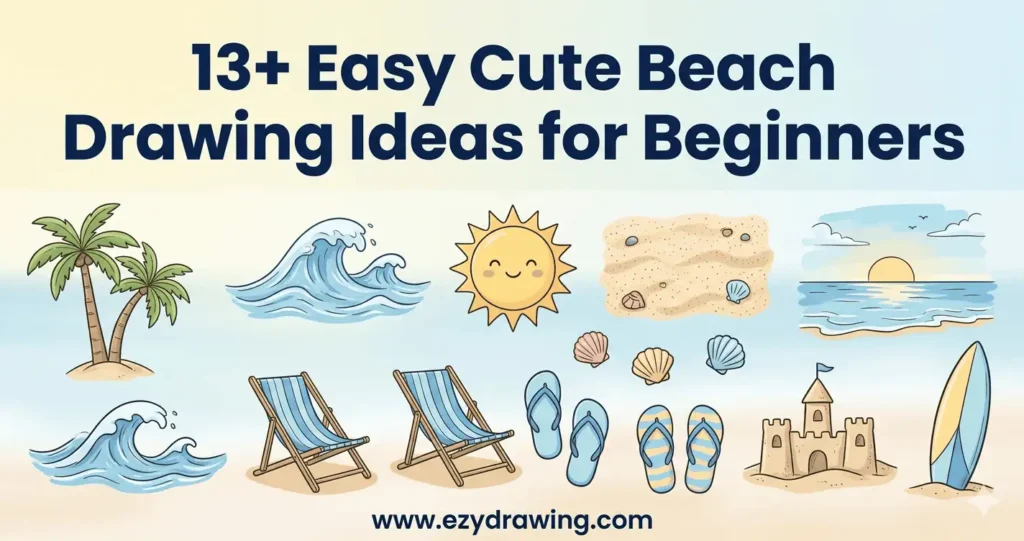 Beach drawing ideas for beginners featuring cute waves, palm trees, seashells, sandcastle, surfboard and sunset sketches.