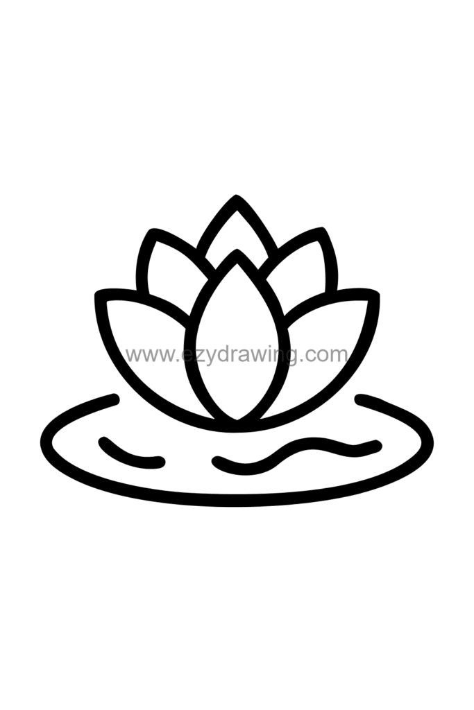 12+ Easy Cute Lotus Flower Drawing Ideas for Kids 2 Cute kawaii lotus flower drawing in full bloom with layered petals and two large leaves floating on calm water, black and white line art.