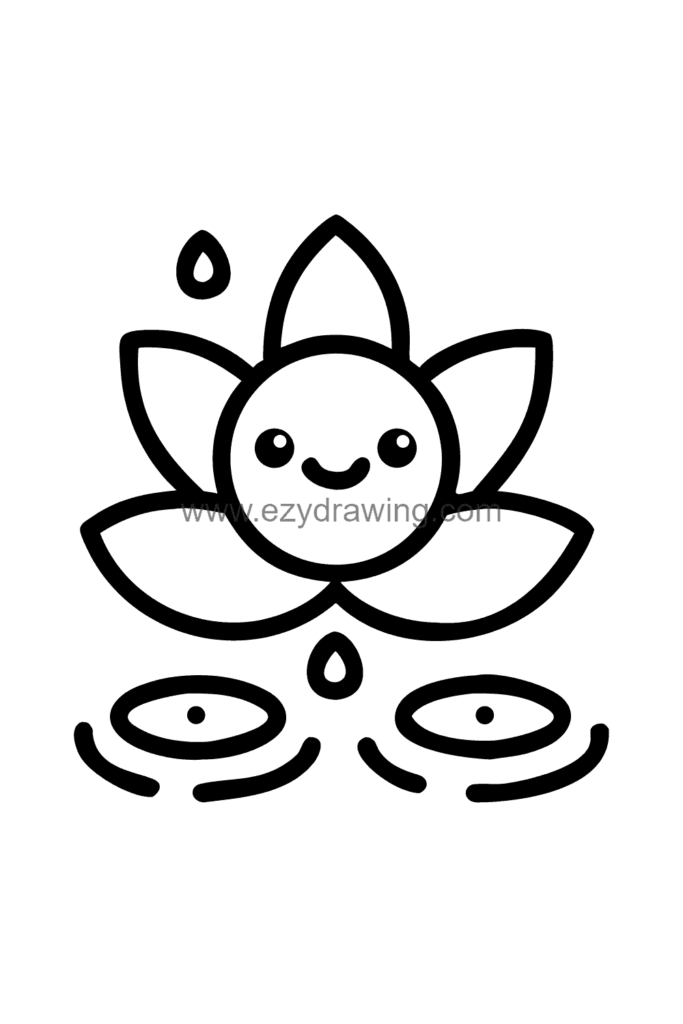 12+ Easy Cute Lotus Flower Drawing Ideas for Kids 3 Cute kawaii lotus flower drawing with big sparkling eyes and a happy smile on the centre of the bloom, black and white line art.