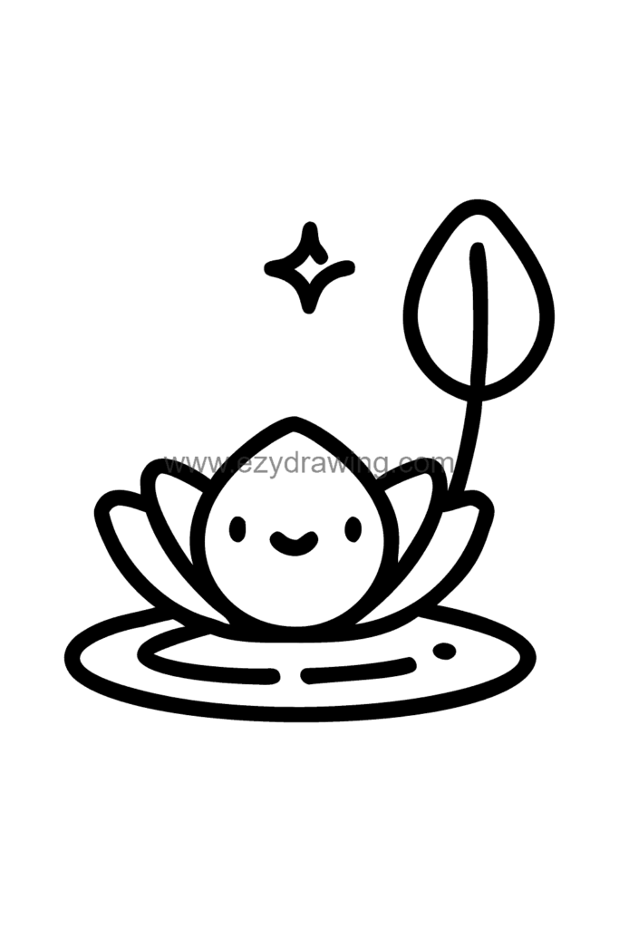 12+ Easy Cute Lotus Flower Drawing Ideas for Kids 4 Cute kawaii lotus bud drawing showing a tightly closed flower bud on a long stem rising from the water, black and white line art.
