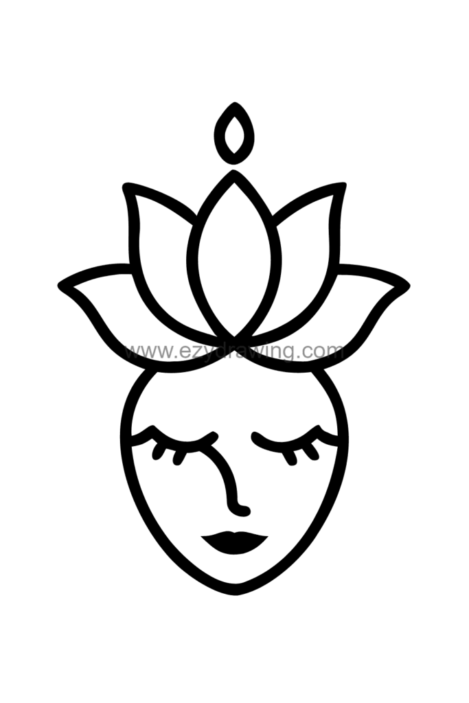 12+ Easy Cute Lotus Flower Drawing Ideas for Kids 9 Cute kawaii lotus flower line art drawing of a side profile face with lotus blooms and leaves growing from the hair, black and white line art.