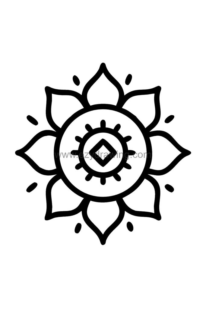 12+ Easy Cute Lotus Flower Drawing Ideas for Kids 5 Cute lotus flower mandala drawing with symmetrical petal layers and geometric patterns radiating outward from the centre, black and white line art.